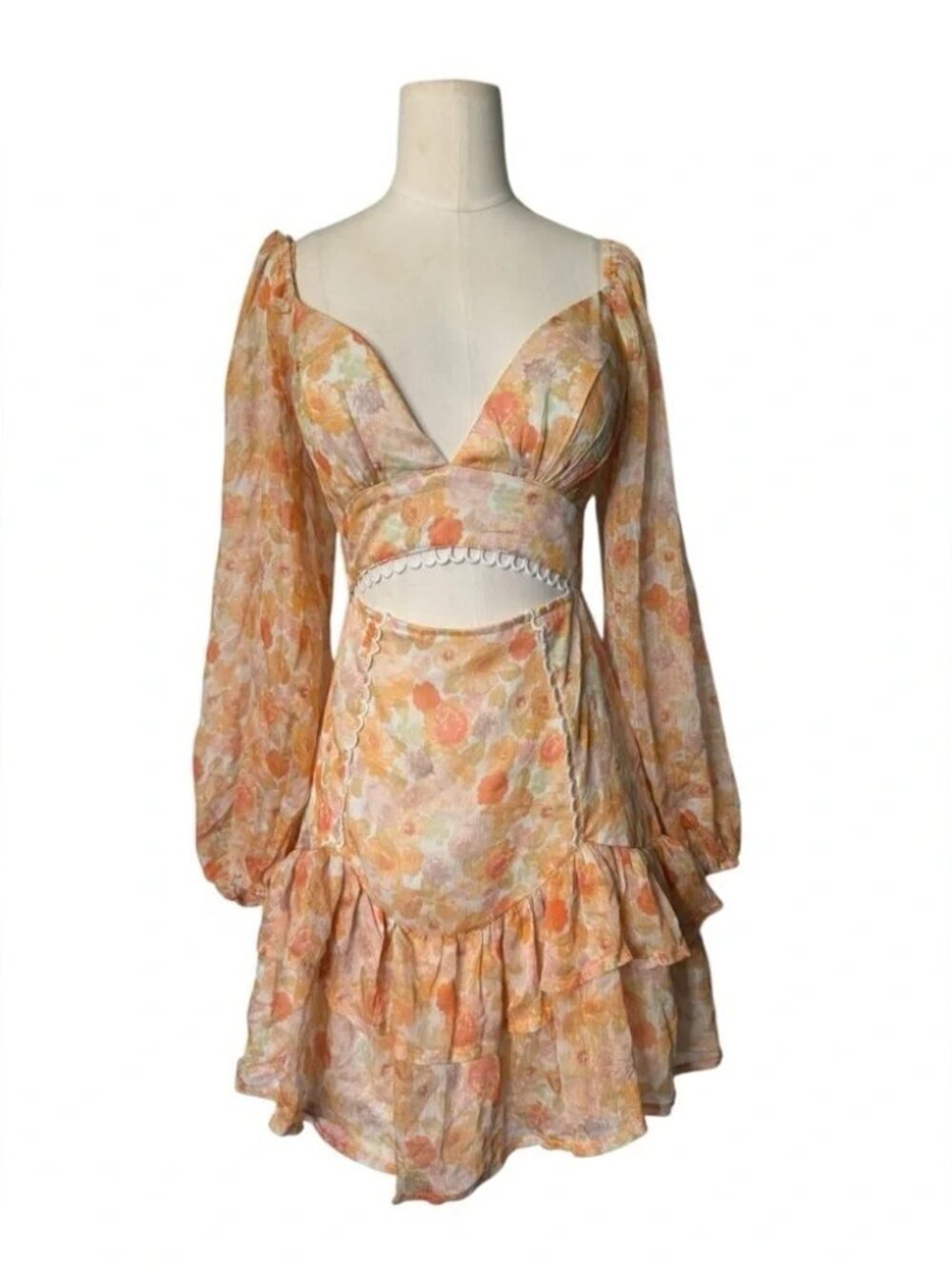 Saints + Secrets Floral Cut-Out Mini Dress Size Small | Puff Sleeve Ruffle Dress - Picture 6 of 8